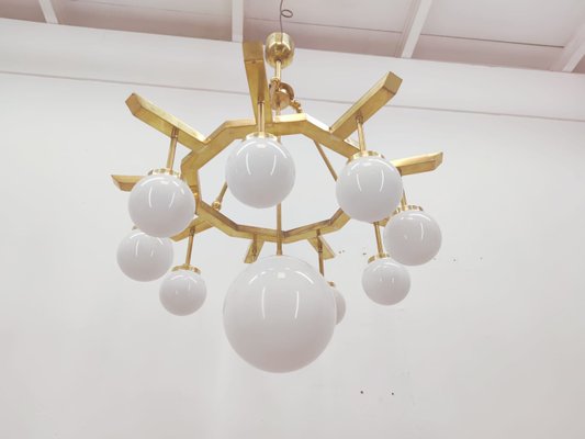 Brass Chandelier with 10 White Globe Lights-QLH-957994