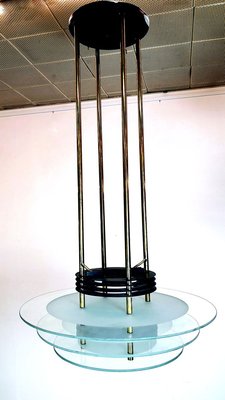 Brass Chandelier with 3 Glass Panels, 1970s-UWE-693517