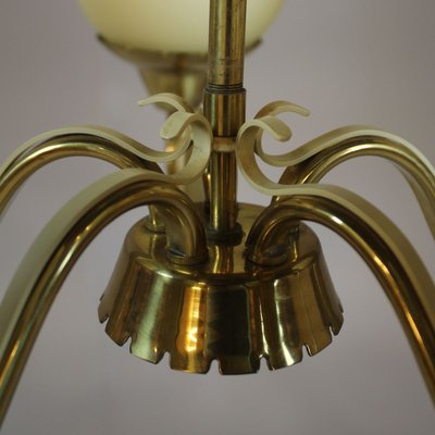 Brass Chandelier with Opaline Glass Shades by Bent Karlby for Lyfa, 1950s-AX-838675