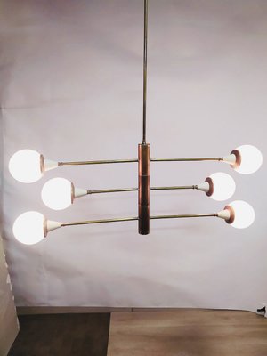 Brass Chandelier with Spheres in Opal, 1960s-NUO-935401