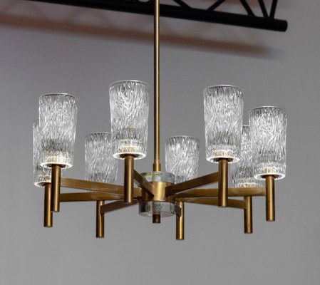 Brass Eight Arms Chandelier with Clear Art Glass Vases by Markaryd, Sweden, 1970s-JE-1812546