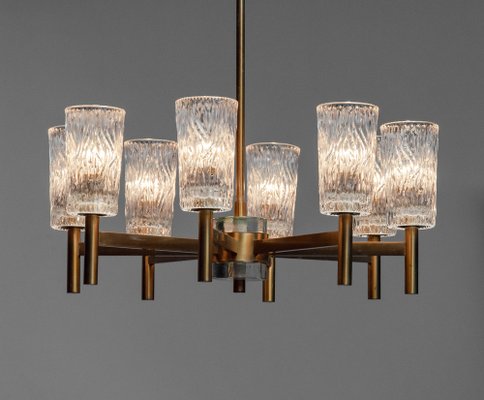 Brass Eight Arms Chandelier with Clear Art Glass Vases by Markaryd, Sweden, 1970s-JE-1812546