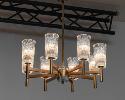 Brass Eight Arms Chandelier with Clear Art Glass Vases by Markaryd, Sweden, 1970s-JE-1812546