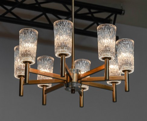 Brass Eight Arms Chandelier with Clear Art Glass Vases by Markaryd, Sweden, 1970s-JE-1812546