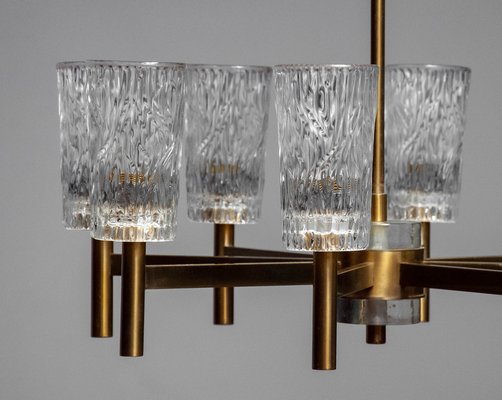 Brass Eight Arms Chandelier with Clear Art Glass Vases by Markaryd, Sweden, 1970s-JE-1812546