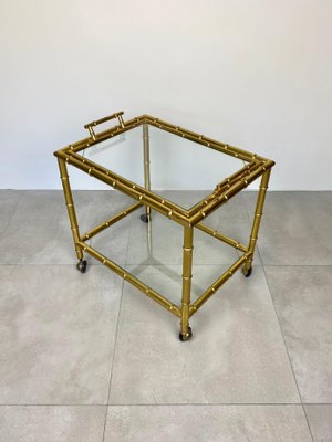 Brass Faux Bamboo Effect & Glass Serving Bar Cart, Italy, 1960s-LYQ-1171537