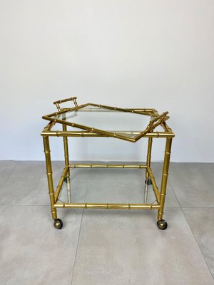 Brass Faux Bamboo Effect & Glass Serving Bar Cart, Italy, 1960s-LYQ-1171537