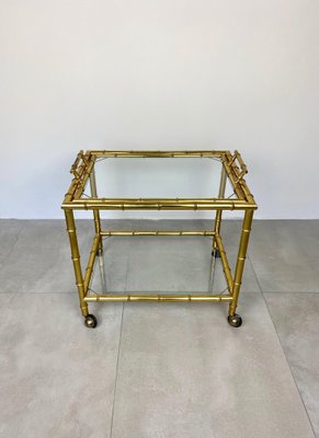 Brass Faux Bamboo Effect & Glass Serving Bar Cart, Italy, 1960s-LYQ-1171537