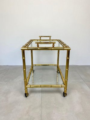 Brass Faux Bamboo Effect & Glass Serving Bar Cart, Italy, 1960s-LYQ-1171537