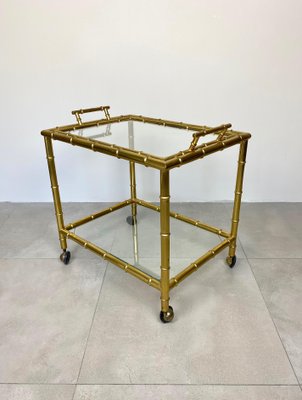 Brass Faux Bamboo Effect & Glass Serving Bar Cart, Italy, 1960s-LYQ-1171537