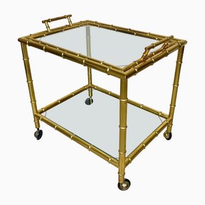 Brass Faux Bamboo Effect & Glass Serving Bar Cart, Italy, 1960s-LYQ-1171537