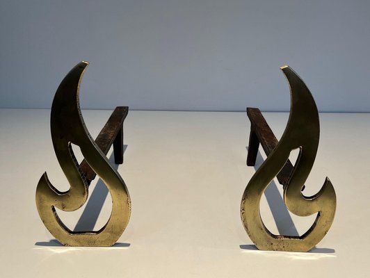 Brass Flame Andirons, 1970s, Set of 2-BA-1524625