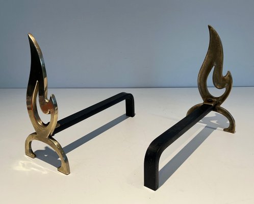 Brass Flame Andirons, 1970s, Set of 2-BA-1481489