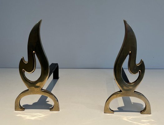 Brass Flame Andirons, 1970s, Set of 2-BA-1481489