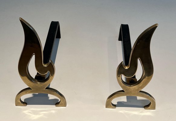 Brass Flame Andirons, 1970s, Set of 2-BA-1481489