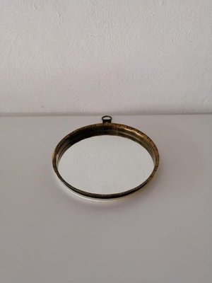 Brass Frame Round Wall Mirror with Leather and Metal Hanger Detail, 1960s-RDS-1147826