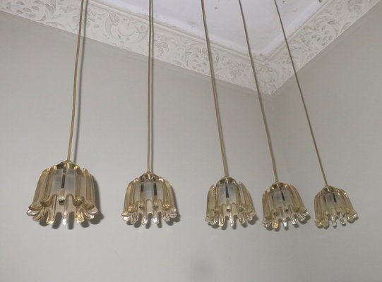 Brass & Frosted Amber Glass Pendant Lights from Doria Leuchten, 1960s, Set of 5-ED-1732231