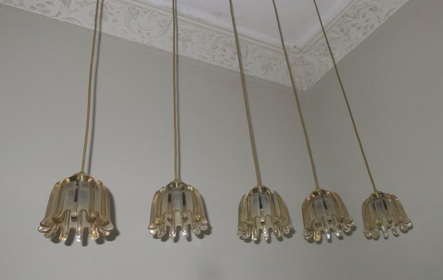 Brass & Frosted Amber Glass Pendant Lights from Doria Leuchten, 1960s, Set of 5-ED-1732231