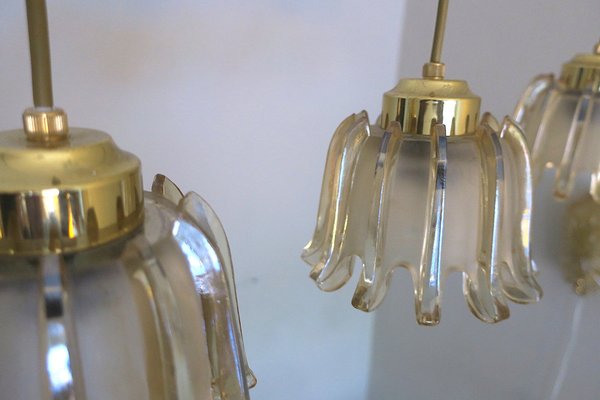 Brass & Frosted Amber Glass Pendant Lights from Doria Leuchten, 1960s, Set of 5-ED-1732231