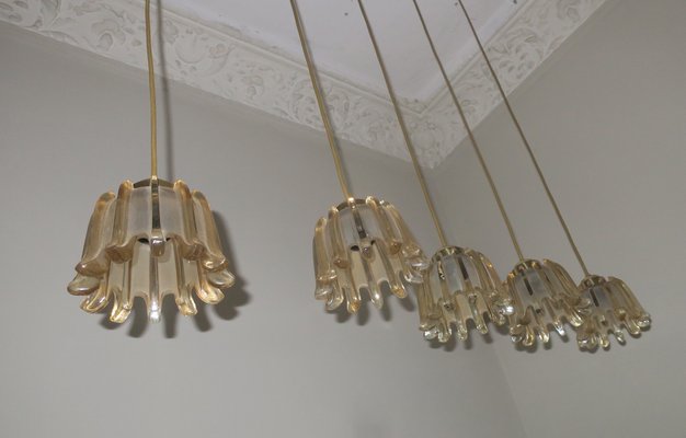 Brass & Frosted Amber Glass Pendant Lights from Doria Leuchten, 1960s, Set of 5-ED-1732231