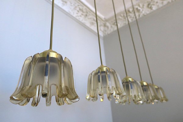 Brass & Frosted Amber Glass Pendant Lights from Doria Leuchten, 1960s, Set of 5-ED-1732231