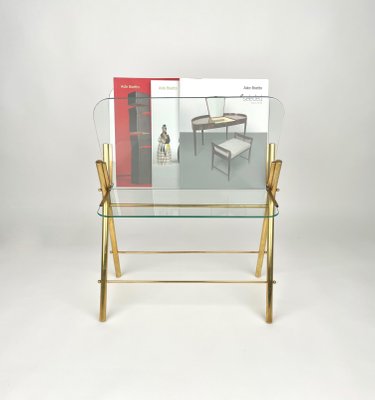 Brass & Glass Magazine Rack, Italy, 1950s-LYQ-1171223