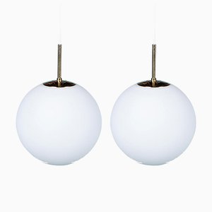 Brass & Glass Round Ceiling Lamps from Glashütte Limburg, 1970s, Set of 2-HGA-742072