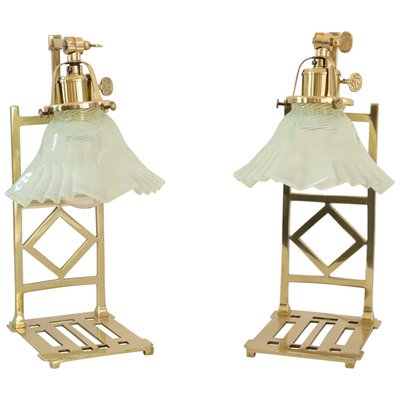 Brass Jugendstil Table Lamps with Shades in Opaline Glass, Set of 2-SPD-1060184