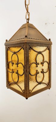 Brass Lantern Hanging Light in Amber Glass-QLH-1336592