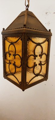 Brass Lantern Hanging Light in Amber Glass-QLH-1336592