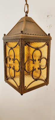 Brass Lantern Hanging Light in Amber Glass-QLH-1336592