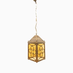 Brass Lantern Hanging Light in Amber Glass-QLH-1336592