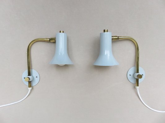 Brass & Light Blue Wall Lights, 1950s, Set of 2-EY-1445256