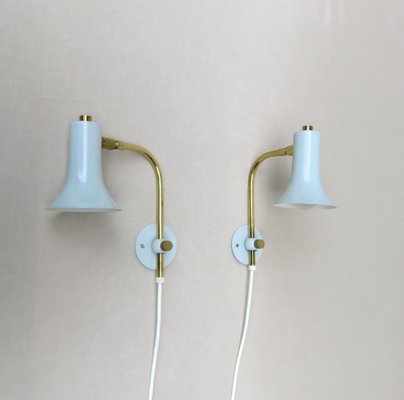 Brass & Light Blue Wall Lights, 1950s, Set of 2-EY-1445256