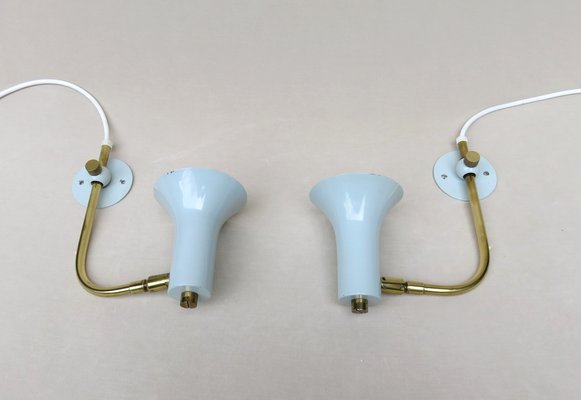 Brass & Light Blue Wall Lights, 1950s, Set of 2-EY-1445256