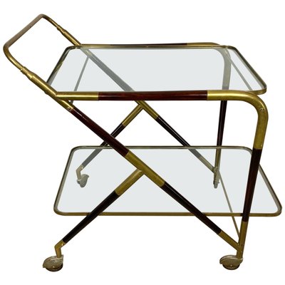 Brass Mahogany & Glass Bar Serving Cart Trolley by Cesare Lacca, Italy, 1950s-LYQ-1171641