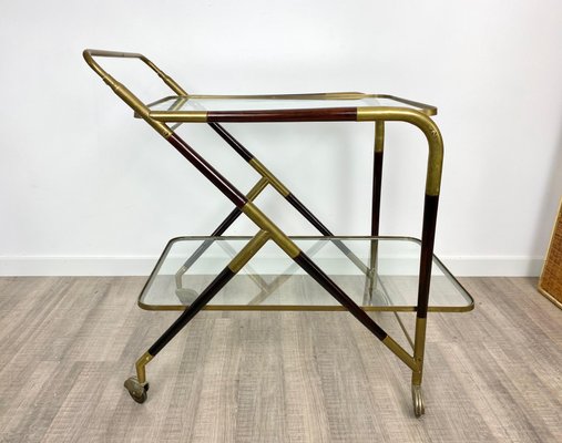 Brass Mahogany & Glass Bar Serving Cart Trolley by Cesare Lacca, Italy, 1950s-LYQ-1171641