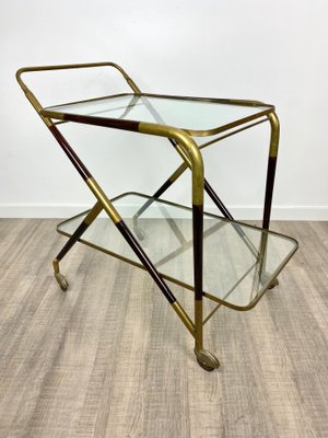 Brass Mahogany & Glass Bar Serving Cart Trolley by Cesare Lacca, Italy, 1950s-LYQ-1171641