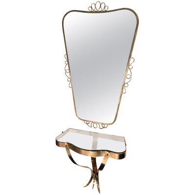 Brass Mirror with Small Console Table, 1950s-MBH-1031640