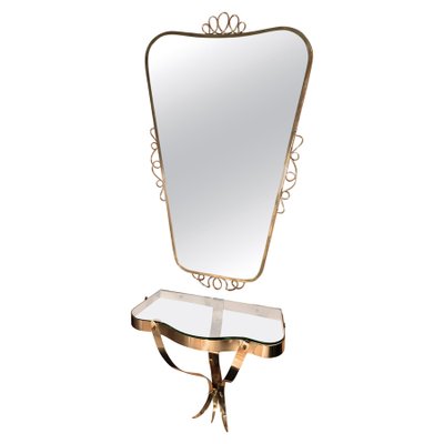 Brass Mirror with Small Console Table in the Style of Gio Ponti, 1950s, Set of 2-MBH-1032650