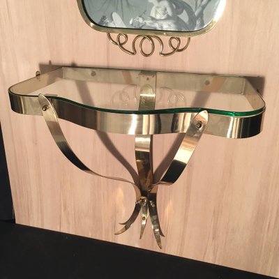 Brass Mirror with Small Console Table in the Style of Gio Ponti, 1950s, Set of 2-MBH-1032650