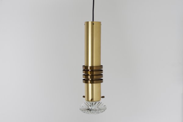 Brass Pendant Lamps with Solid Glass Lenses by Alvar Aalto, Netherlands, 1970s, Set of 2-QT-1263297