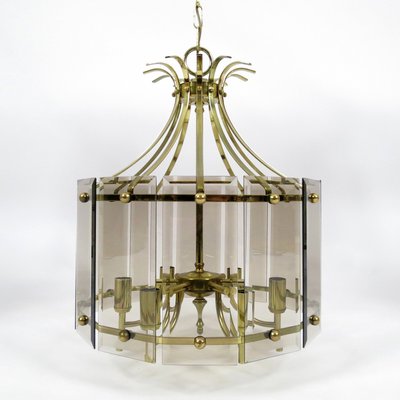 Brass & Smoked Glass Ceiling Lamp, 1970s-BH-946075