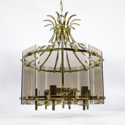 Brass & Smoked Glass Ceiling Lamp, 1970s-BH-946075