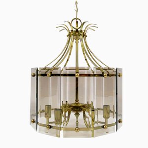 Brass & Smoked Glass Ceiling Lamp, 1970s-BH-946075