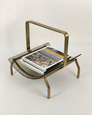 Brass & Smoked Glass Magazine Rack Stand from Fontana Arte, Italy, 1960s-LYQ-1171721