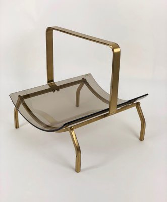 Brass & Smoked Glass Magazine Rack Stand from Fontana Arte, Italy, 1960s-LYQ-1171721