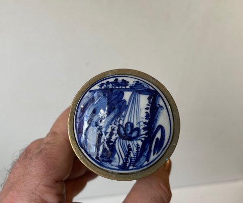 Brass Tobacco Jar with Hand Painted Blue Lid from Delft, 1950s-LCR-1373709