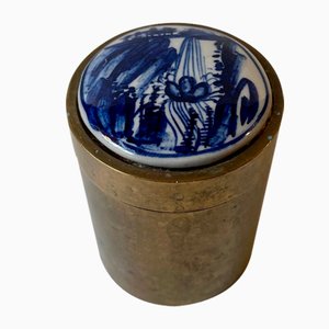 Brass Tobacco Jar with Hand Painted Blue Lid from Delft, 1950s-LCR-1373709