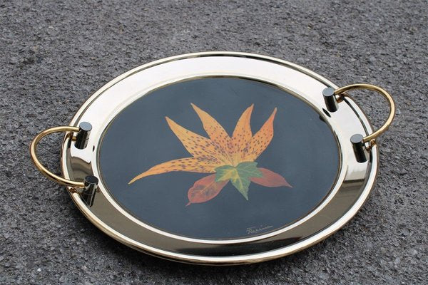 Brass Tray with Black Background and Leaves, 1970s-EH-807354